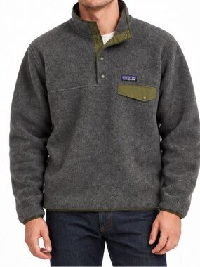 Vintage 1990s Patagonia Gray Synchilla Snap-T Pullover with Olive Trim SZ SM